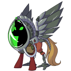 Size: 2000x2000 | Tagged: safe, artist:floots, oc, oc only, oc:silent spring, cyborg, pegasus, pony, armor, clothes, cyber legs, cybernetic wings, high res, jumpsuit, obscured face, simple background, solo, transparent background, wings