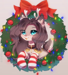 Size: 1280x1412 | Tagged: safe, artist:astralblues, oc, oc only, deer, christmas, christmas wreath, clothes, eye clipping through hair, female, holiday, looking at you, open mouth, ornament, socks, solo, striped socks, wreath