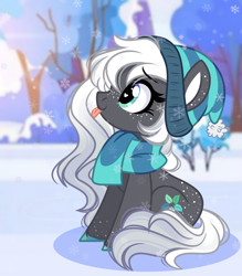 Size: 2324x2648 | Tagged: safe, artist:emberslament, oc, oc only, oc:winter mint, earth pony, pony, beanie, blurry background, butt freckles, catching snowflakes, clothes, earth pony oc, female, freckles, hat, heart, heart eyes, high res, mare, outdoors, profile, scarf, sitting, smiling, snow, snowfall, snowflake, solo, striped scarf, tongue out, wingding eyes, winter, winter outfit