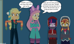 Size: 1154x692 | Tagged: safe, artist:robukun, applejack, fluttershy, sunset shimmer, twilight sparkle, human, undead, zombie, equestria girls, g4, bondage, bound and gagged, christmas, clothes, gag, holiday, long skirt, skirt, tape, tape bondage, tape gag, tied up, victorian, victorian dress, wall eyed, winter outfit