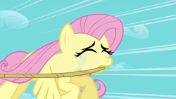 Size: 1920x1080 | Tagged: safe, screencap, fluttershy, pegasus, pony, g4, season 2, the return of harmony, crying, eyes closed, female, flying, mare, rope, solo