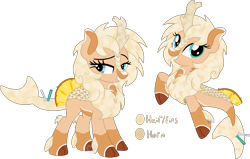 Size: 3602x2296 | Tagged: safe, artist:pure-blue-heart, oc, kirin, merpony, adoptable, blonde hair, closed species, cloven hooves, cocktail colt, female, fins, food, heterochromia, high res, liquid hair, mare, pineapple, simple background, spoon, straw, transparent background