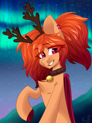 Size: 1500x2000 | Tagged: safe, artist:rinteen, oc, oc only, oc:cinnamon dust, bat pony, deer, aurora borealis, bat pony oc, bell, bell collar, chest fluff, collar, smiling, solo