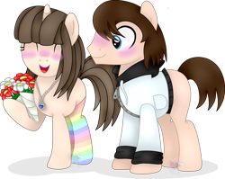 Size: 2604x2076 | Tagged: safe, artist:pure-blue-heart, oc, earth pony, pony, unicorn, blushing, bouquet, bouquet of flowers, brown mane, clothes, commission, couple, earth pony oc, female, flower, high res, hoodie, horn, jewelry, male, mare, necklace, rainbow socks, simple background, socks, stallion, stallion oc, striped socks, transparent background, unicorn oc, watermark