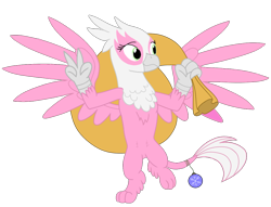 Size: 1024x781 | Tagged: safe, artist:discordant creations, oc, oc only, oc:happy go plucky, griffon, bauble, griffon oc, peace sign, sack, secret santa, simple background, solo, transparent background