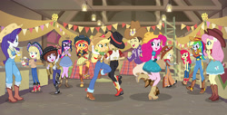 Size: 4343x2199 | Tagged: safe, artist:sapphiregamgee, apple bloom, applejack, fluttershy, pinkie pie, rainbow dash, rarity, sci-twi, sunset shimmer, twilight sparkle, human, equestria girls, equestria girls series, five to nine, g4, boots, chaps, clothes, cody martin, cowboy boots, cowboy hat, cowgirl, cowgirl outfit, crossover, dancing, dice corleone, equestria girls-ified, farmer pinkie, freddie benson, gibby gibson, hat, high heel boots, humane five, humane seven, humane six, icarly, overalls, poncho, sam & cat, shoes, skirt, stetson, the suite life of zack and cody, vest, western, zack martin