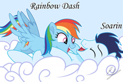 Size: 1280x852 | Tagged: safe, artist:elisabetstarsparkle, rainbow dash, soarin', pegasus, pony, g4, cloud, duo, female, male, mare, pony on pony action, ship:soarindash, shipping, stallion, straight