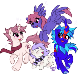 Size: 1377x1305 | Tagged: safe, artist:wishfuldorian, oc, oc only, oc:fluffy shadow, oc:mockery, oc:trixie cutiepox, oc:white squirrel, earth pony, kirin, pegasus, pony, unicorn, blue fur, blue hair, blushing, clothes, cloven hooves, colt, crouching, digital art, earth pony oc, eyes closed, female, flying, foal, group, horn, kirin oc, looking back, male, mane, mare, open mouth, open smile, pegasus oc, pink eyes, pink hair, purple fur, purple hair, red eyes, scarf, simple background, smiling, spread wings, striped scarf, tail, transparent background, two toned mane, two toned tail, unicorn oc, white fur, wings