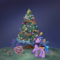 Size: 4096x4096 | Tagged: safe, artist:felldeal, izzy moonbow, pony, unicorn, series:daily drawing december, g5, my little pony: a new generation, bracelet, christmas, christmas star, christmas tree, clothes, cup, female, flower, friendship bracelet, holiday, hooded cape, izzy impaling things, jewelry, mare, present, raised hoof, ribbon, sign, smiling, sneaksy, table, teacup, teapot, tree