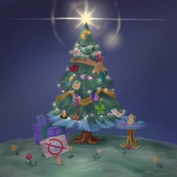 Size: 4096x4096 | Tagged: safe, artist:felldeal, hitch trailblazer, pipp petals, zipp storm, series:daily drawing december, g5, christmas, christmas star, christmas tree, cup, flower, holiday, night, no pony, present, ribbon, stars, teacup, teapot, tree