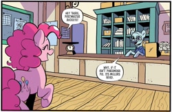 Size: 1149x750 | Tagged: safe, artist:robin easter, idw, pinkie pie, postmaster buckeye, earth pony, pony, g4, season 10, spoiler:comic, spoiler:comic99, cash register, dialogue, duo, female, male, mare, post office, scale, speech bubble, stallion