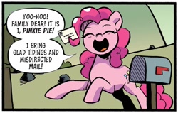 Size: 1176x750 | Tagged: safe, artist:robin easter, idw, pinkie pie, earth pony, pony, g4, season 10, spoiler:comic, spoiler:comic99, cute, dialogue, diapinkes, female, mailbox, mare, solo, speech bubble