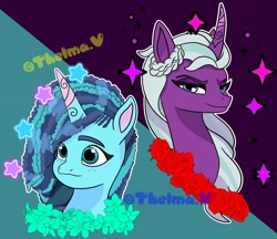 Size: 4096x3543 | Tagged: safe, artist:thelmavillagra, misty brightdawn, opaline arcana, alicorn, pony, unicorn, g5, my little pony: make your mark, my little pony: make your mark chapter 2, spoiler:g5, spoiler:my little pony: make your mark, bust, cornrows, duo, female, mare, portrait