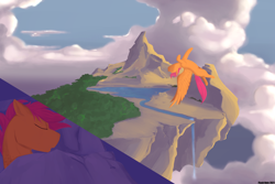 Size: 2000x1333 | Tagged: safe, artist:flashnoteart, scootaloo, pegasus, pony, g4, bed, blanket, cloud, dream, eyes closed, fantasy, floating island, flying, mountain, pillow, scenery, sky, sleeping, solo, water, waterfall