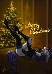 Size: 820x1180 | Tagged: safe, artist:stirren, rarity, anthro, unguligrade anthro, g4, bed, bells, christmas, christmas tree, clothes, dressing up, female, holiday, jingle bells, leotard, lying down, on back, onesie, pine tree, pinup, pulling, socks, solo, tree