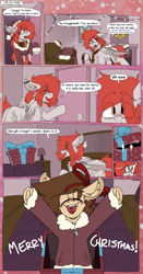 Size: 1799x3430 | Tagged: safe, artist:kirbirb, oc, oc only, oc:scarlett lane, oc:snaggletooth, pegasus, pony, bed, bow, box, chat bubble, chest fluff, christmas, clothes, comic, duo, fireplace, hair bow, hat, holiday, male, pony in a box, present, santa hat, scarf, striped scarf