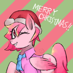 Size: 1280x1280 | Tagged: safe, artist:metaruscarlet, oc, oc only, oc:metaru scarlet, pegasus, pony, christmas, clothes, flower, flower in hair, hat, holiday, merry christmas, one eye closed, pegasus oc, santa hat, smiling, solo, wink