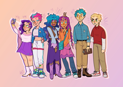 Size: 2048x1448 | Tagged: safe, artist:cheesymorgue, hitch trailblazer, izzy moonbow, pipp petals, sprout cloverleaf, sunny starscout, zipp storm, human, g5, boots, clothes, converse, cutie mark on clothes, dress, gradient background, humanized, mane five, nonbinary pride flag, pansexual pride flag, phone, pride, pride flag, shirt, shoes, skirt, sneakers, sprout joins the mane five, t-shirt, tan skin