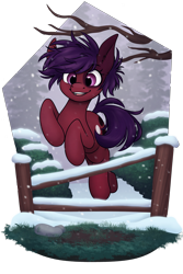 Size: 3000x4500 | Tagged: safe, artist:zahsart, oc, oc only, oc:mony caalot, earth pony, pony, fence, jumping, simple background, snow, snowfall, solo, transparent background, tree, tree branch