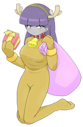 Size: 1668x2565 | Tagged: safe, alternate version, artist:batipin, maud pie, human, equestria girls, g4, antlers, bell, bell collar, bodysuit, breasts, busty maud pie, christmas, clothes, collar, costume, female, footed sleeper, gloves, holiday, present, reindeer antlers, simple background, solo, transparent background