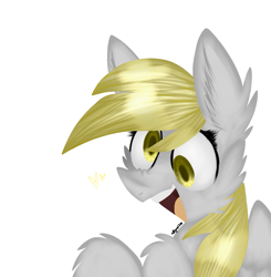 Size: 1503x1535 | Tagged: safe, artist:4agonism, derpibooru exclusive, derpy hooves, pegasus, pony, g4, bust, cheek fluff, cute, derp, derpabetes, ear fluff, heart, leg fluff, nose wrinkle, open mouth, open smile, raised hooves, simple background, smiling, spread wings, white background, wings