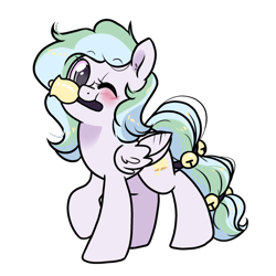 Size: 1300x1300 | Tagged: safe, artist:paperbagpony, oc, oc only, oc:river chime, pegasus, pony, 2023 community collab, derpibooru community collaboration, bell, blushing, one eye closed, pegasus oc, simple background, solo, transparent background, wink