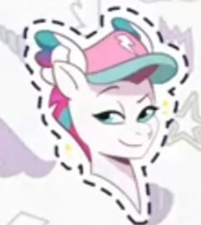 Size: 307x343 | Tagged: safe, gameloft, zipp storm, pegasus, pony, g5, my little pony: mane merge, official, abstract background, cap, cropped, female, hat, mare, smiling, solo, sparkles, sticker, upscaled, wings