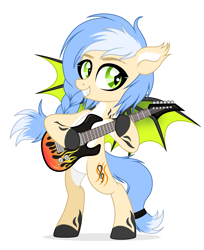 Size: 2725x3340 | Tagged: safe, artist:dianamur, artist:rioshi, artist:starshade, oc, oc only, oc:reka wave, bat pony, pony, 2022, base used, bat pony oc, bat wings, blue hair, cute, electric guitar, fangs, female, green eyes, guitar, high res, mare, musical instrument, simple background, smiling, solo, white background, wings