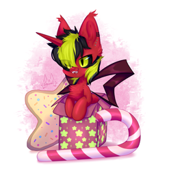 Size: 2003x2003 | Tagged: safe, artist:persikulka, oc, oc only, oc:pynoka, pony, unicorn, 2022, black sclera, bow, candy, christmas, commission, cookie, fangs, food, happy new year, high res, holiday, horn, male, merry christmas, simple background, smiling, solo, stallion, stars, white background