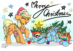 Size: 2047x1447 | Tagged: safe, artist:julunis14, applejack, rainbow dash, earth pony, pegasus, pony, g4, :p, alternate hairstyle, animated, apron, chest fluff, christmas, christmas lights, christmas ornament, christmas tree, clothes, cute, dashabetes, decoration, digital, ear fluff, eyes closed, female, freckles, gif, hat, holiday, jackabetes, laughing, leg fluff, lesbian, lights, merry christmas, open mouth, open smile, santa hat, ship:appledash, shipping, signature, silly, silly pony, smiling, stars, string lights, tangled up, text, tongue out, tree