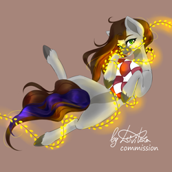 Size: 3900x3900 | Tagged: safe, artist:livitoza, oc, oc only, oc:cj vampire, earth pony, pony, christmas, christmas lights, commission, fanart, floating, high res, holiday, lights, looking at you, pillow, smiling, smiling at you, solo, ych result