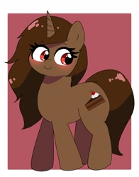 Size: 1722x2191 | Tagged: safe, artist:leo19969525, oc, oc only, oc:squeebot, pony, unicorn, blushing, brown hair, brown mane, cute, hair, horn, mane, ocbetes, red eyes, simple background, smiling, solo, tail