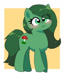 Size: 1482x1713 | Tagged: safe, artist:leo19969525, oc, oc:amanita green, earth pony, pony, blushing, cute, green eyes, green hair, green tail, hair, mane, ocbetes, simple background, smiling, solo, tail