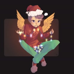 Size: 1662x1662 | Tagged: safe, artist:haku nichiya, scootaloo, human, pegasus, g4, christmas, christmas lights, clothes, hat, holiday, humanized, santa hat, slippers, solo, winged humanization, wings