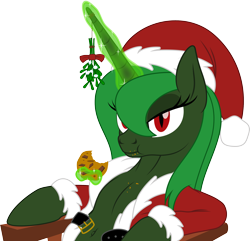 Size: 2200x2118 | Tagged: safe, artist:grypher, oc, oc only, oc:evening "eve" canter, alicorn, pony, fallout equestria, artificial alicorn, belly button, christmas, clothes, cookie, costume, food, green alicorn (fo:e), high res, holiday, magic, mistletoe, open clothes, santa costume, simple background, sitting, solo, transparent background, vector