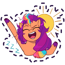 Size: 512x512 | Tagged: safe, gameloft, sunny starscout, earth pony, pony, g5, my little pony: mane merge, official, bed mane, female, mane stripe sunny, mare, messy mane, multicolored hair, onomatopoeia, open mouth, open smile, simple background, smiling, solo, sound effects, sticker, sun, transparent background, yawn, zzz