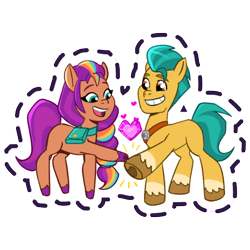 Size: 512x512 | Tagged: safe, gameloft, hitch trailblazer, sunny starscout, earth pony, pony, g5, my little pony: mane merge, official, bag, coat markings, cute, duo, duo male and female, female, grin, heart, hoof heart, implied shipping, implied starblazer, implied straight, male, mane stripe sunny, mare, missing cutie mark, open mouth, open smile, saddle bag, shipping fuel, simple background, slender, smiling, socks (coat markings), stallion, sticker, thin, transparent background, underhoof, unshorn fetlocks