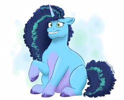 Size: 2048x1656 | Tagged: safe, artist:bella-pink-savage, misty brightdawn, pony, unicorn, g5, chonk, curly mane, curly tail, fat, female, floppy ears, freckles, grin, mare, misty butterball, nervous, nervous smile, raised hoof, sitting, smiling, solo, tail, unshorn fetlocks