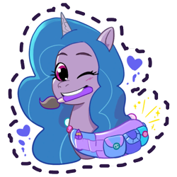 Size: 512x512 | Tagged: safe, gameloft, izzy moonbow, pony, unicorn, g5, my little pony: mane merge, official, blushing, female, heart, mare, mouth hold, one eye closed, paint splatter, paintbrush, pencil, simple background, solo, sparkles, sticker, transparent background, wink