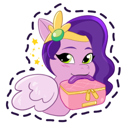 Size: 512x512 | Tagged: safe, gameloft, pipp petals, pegasus, pony, g5, my little pony: mane merge, official, adorapipp, bag, blushing, cute, headband, jewelry, mouth hold, regalia, simple background, solo, sparkles, stars, sticker, suitcase, transparent background