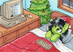 Size: 2068x1471 | Tagged: safe, artist:dandy, oc, oc only, oc:filly anon, earth pony, pony, /mlp/, 4chan, bed, blanket, christmas, christmas ornament, christmas tree, computer, copic, decoration, earth pony oc, eye clipping through hair, female, filly, foal, hat, holiday, in bed, iwtcird, keyboard, lying down, lying on bed, meme, monitor, on back, on bed, ornaments, pillow, santa hat, smiling, snow, solo, traditional art, tree, wholesome, window