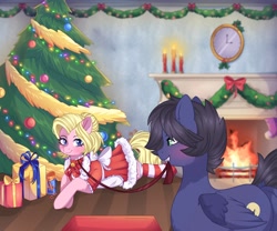 Size: 2048x1706 | Tagged: safe, artist:arllistar, oc, oc only, oc:fenris ebonyglow, oc:kara waypoint, earth pony, pegasus, pony, bell, bell collar, blonde mane, blonde tail, campfire, candle, christmas, clock, clothes, collar, dress, female, gift wrapped, holiday, karanris, leash, male, mare, present, socks, stallion, striped socks, tail, tree, under the tree, wall