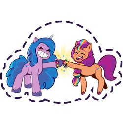 Size: 512x512 | Tagged: safe, gameloft, izzy moonbow, sunny starscout, earth pony, pony, unicorn, g5, my little pony: mane merge, official, blushing, bracelet, cute, duo, duo female, eyes closed, female, friendship bracelet, grin, hoofbump, jewelry, mane stripe sunny, mare, multicolored hair, open mouth, open smile, simple background, smiling, stars, sticker, transparent background, unshorn fetlocks