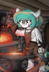 Size: 2170x3157 | Tagged: safe, artist:rokosmith26, oc, oc only, oc:rokosmith, hybrid, pegasus, pony, zebra, anvil, black eye, blacksmith, blue mane, brown eye, clothes, complex background, detailed background, female, fire, floppy ears, focus, focused, forge, furnace, gloves, glowing, hairband, hammer, heterochromia, high res, iron, leather, mare, markings, pegasus oc, ponytail, rope, shading, solo, sparks, standing, standing on two hooves, steel, sweat, sweatdrop, tools, tribal, tribal markings, two toned mane, weapon, wings, zebra oc