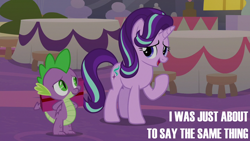 Size: 2000x1125 | Tagged: safe, edit, edited screencap, editor:quoterific, screencap, spike, starlight glimmer, dragon, pony, unicorn, g4, season 9, the last problem, duo, lidded eyes, open mouth, present, raised hoof, smiling, text, winged spike, wings