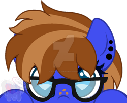 Size: 400x325 | Tagged: safe, artist:blues-edits, oc, oc only, oc:bluebook, base used, blue eyes, deviantart watermark, ear piercing, earring, female, freckles, glasses, jewelry, mare, obtrusive watermark, peeking, piercing, simple background, solo, transparent background, two toned mane, watermark