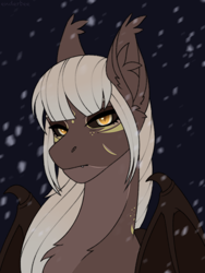 Size: 1620x2160 | Tagged: safe, artist:enderbee, oc, oc only, bat pony, bust, chest fluff, colored, commission, ear fluff, fangs, female, flat colors, mare, portrait, simple background, sketch, snow