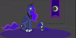Size: 1651x828 | Tagged: safe, artist:nismorose, nightmare moon, princess luna, alicorn, pony, g4, armor, blue eyes, canterlot castle, carpet, chest fluff, confused, crown, daughter, ear fluff, ethereal mane, ethereal tail, female, filly, flag, foal, horn, indoors, jewelry, mare, mom, moon, nightmare woon, no mouth, questioning, regalia, shocked, slit pupils, starry mane, starry tail, tail, wavy mane, wavy tail, wings