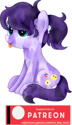 Size: 400x694 | Tagged: safe, artist:pure-blue-heart, oc, oc:magnetic hug, crystal pony, earth pony, pony, :p, deviantart watermark, female, mare, obtrusive watermark, patreon, patreon logo, patreon reward, ponytail, purple mane, simple background, sitting, tongue out, transparent background, watermark