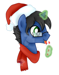 Size: 400x511 | Tagged: safe, artist:pure-blue-heart, oc, pony, unicorn, black mane, bust, candy, candy cane, christmas, clothes, commission, commissioner:bastlerrj, deviantart watermark, food, glasses, green eyes, green magic, hat, headshot commission, holiday, horn, levitation, magic, male, obtrusive watermark, portrait, santa hat, scarf, simple background, stallion, telekinesis, transparent background, unicorn oc, watermark